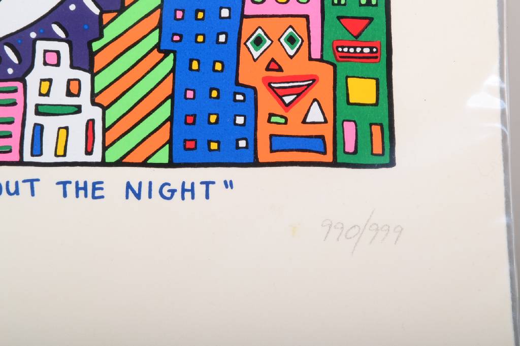 Detail b: James Rizzi, 1950-2011, Lithographie, Something about the night, signiert und nummeriert 990/999, Motiv ca. 17x23 cm, Blattgr. ca. 30x29,5 cm
