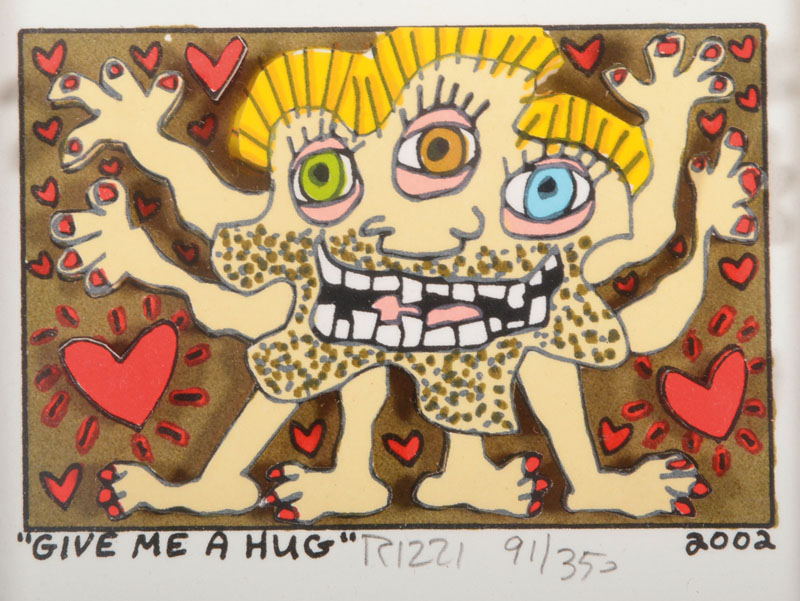 James Rizzi, 1950-2011, 3D-Lithographie, Give me a hug, signiert und nummeriert 91/350, datiert 2002, Motiv ca. 5,2x7,7 cm, unter Glas gerahmt