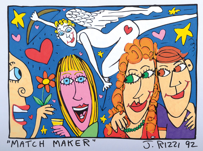 James Rizzi, 1950-2011, Match Maker, Unikat, Acryl/Papier, signiert und datiert 92, Motiv ca. 18x26 cm, unter Glas gerahmt