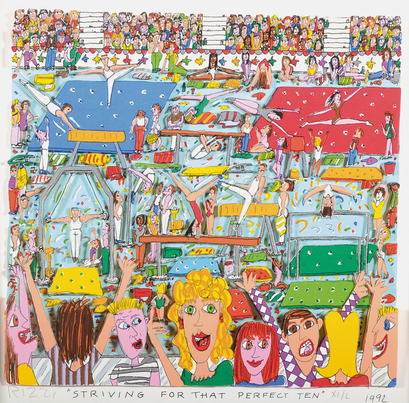 James Rizzi, 1950-2011, 3D-Lithographie, Striving for that perfect ten, signiert und nummeriert XI/L, datiert 1992, Motiv ca. 21x22,5 cm, unter Glas ...