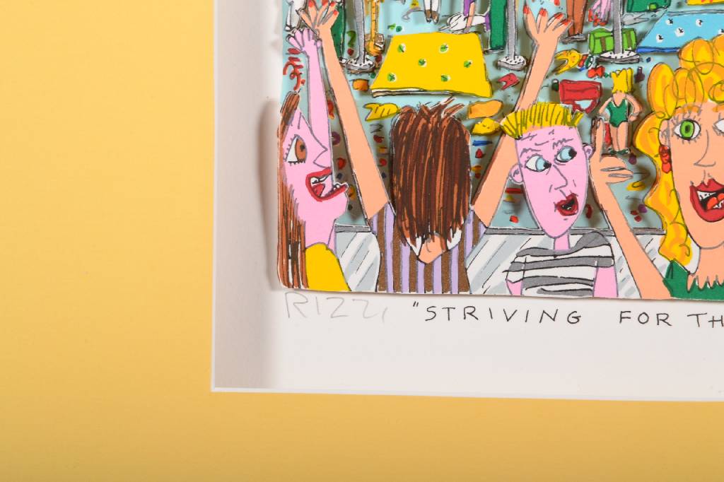 Detail a: James Rizzi, 1950-2011, 3D-Lithographie, Striving for that perfect ten, signiert und nummeriert XI/L, datiert 1992, Motiv ca. 21x22,5 cm, unter Glas ...