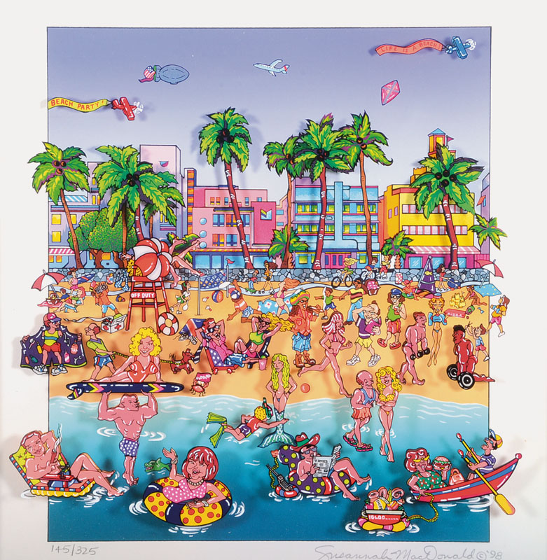 Susannah MacDonald, geb. 1954, Life is a beach, Farbserigraphie, 3D-Optik mit Folie, signiert und nummeriert 145/325, datiert 98, Motiv ca. 28x24 cm, ...
