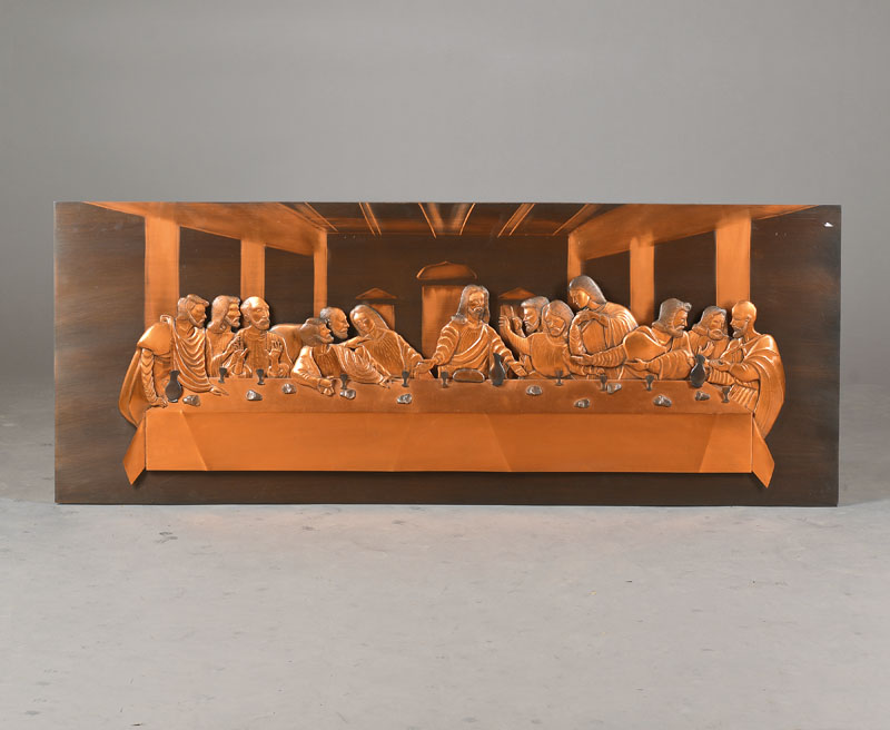 Das Abendmahl nach Leonardo da Vinci, Kupferatelier Walter Benz Zürich, dreidimensional durch verschiedene Ebenen, Kupfer geprägt, ca. 50x130cm, ...