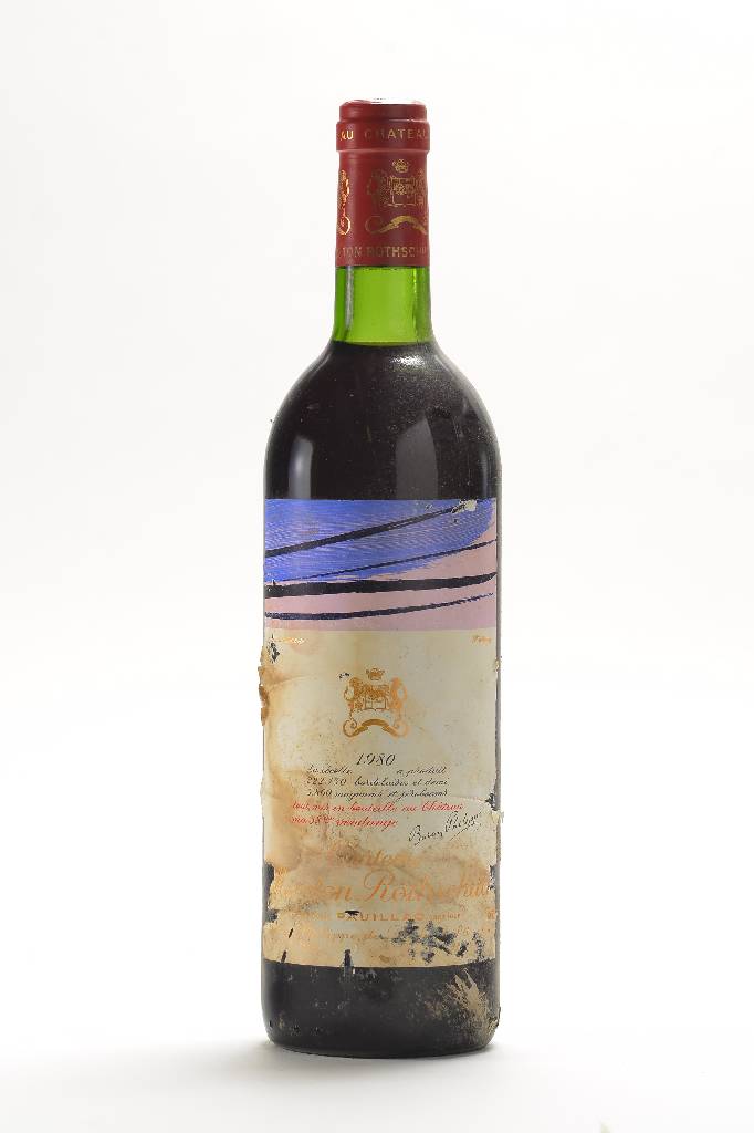 1 Flasche 1980 Chateau Mouton Rothschild, Pauillac, Künstleretikett: Hans Hartung, ca. 75 cl., ca. top shoulder, Etikett besch. und beschmutzt, ...