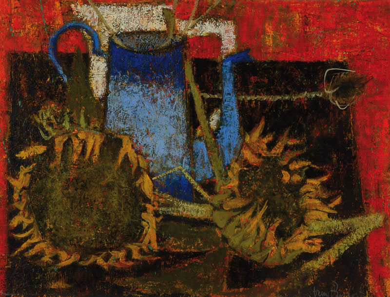 Unbekannter zeitgenössischer Künstler, Öl/Lwd, Stillleben mit Sonnenblumen, rechts unten unleserlich signiert, ca. 50x65 cm, Rahmen