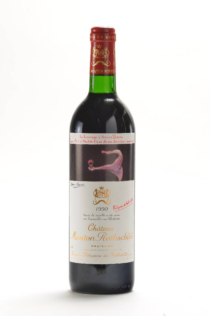 1 Flasche 1990 Chateau Mouton Rothschild, Pauillac, Künstleretikett: Francis Bacon, ca. 75 cl, ca. into neck, 12,5% Vol., in Originalpapier ...