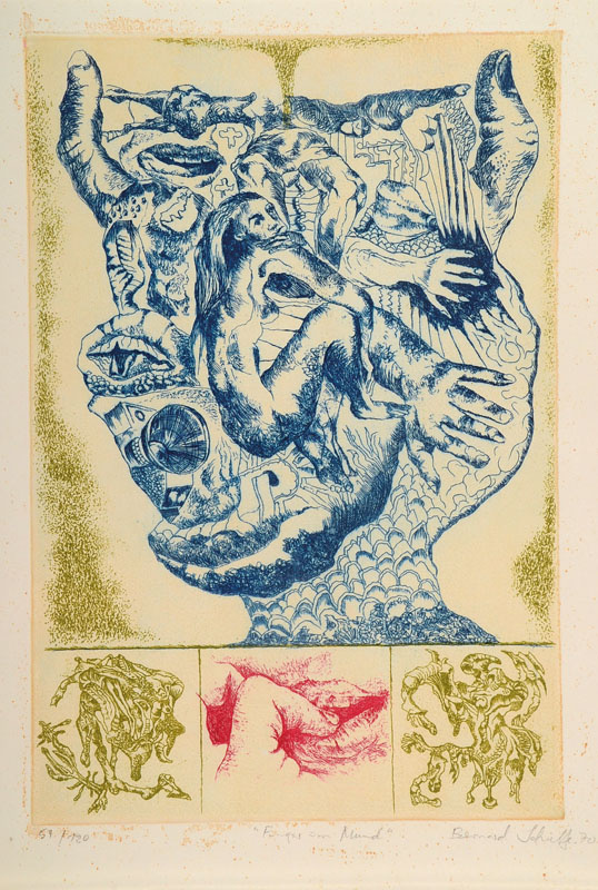 Bernard Schultze, 1915-2005, Finger im Mund, Farbradierung von 1970, handsigniert und datiert, num. 59/120, ca. 42x28cm, leicht fleckig, unter Glas
