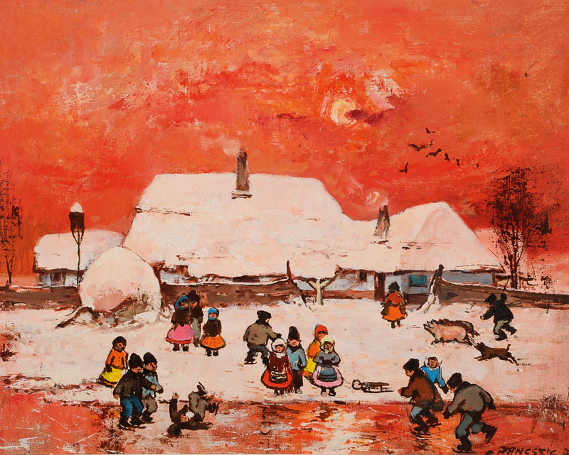 Jancsek, naiver Maler der 1970er Jahre, Winterliches Eisvergnügen im Abendrot, Öl/Lwd, rechts unten signiert, ca. 40x50cm, Rahmen