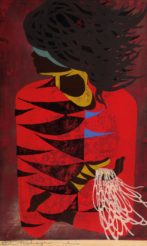Tadashi Nakayama, geb. 1927, Mädchen mit Netz, Farbholzschnitt mit Metallprägung, von 1957, handsigniert, ca. 60x38cm, unter Glas, Rahmen