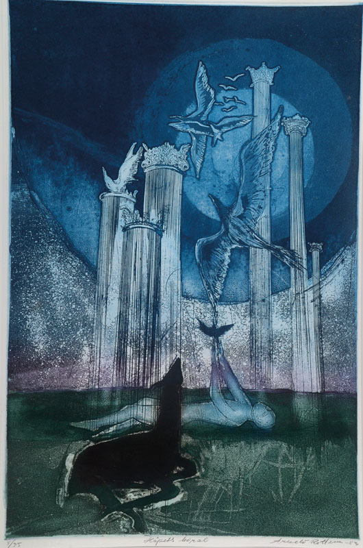 Arnold Rottem, geb. 1925, Hapets Moral, Farbaquatinta von 1983, handsigniert, betitelt und datiert, num. 8/35, ca. 63x42cm, unter Glas, Rahmen