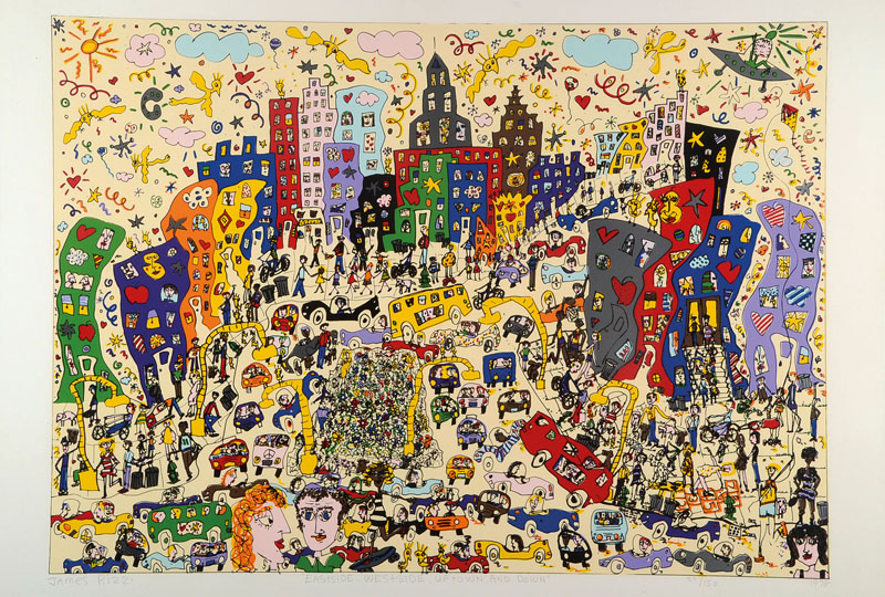 James Rizzi, 1950-2011, Eastside Westside Uptown and Down, eindimensionale Farbserigraphie von 1978, handsigniert, datiert, betitelt und num. 24/150, ...