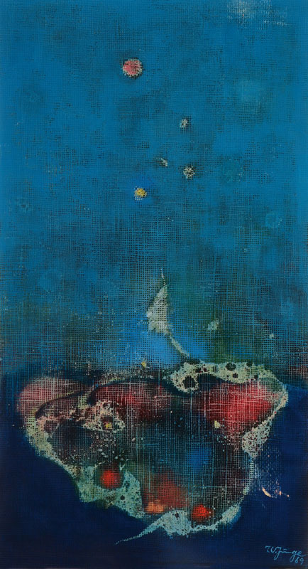 Walter Junge, 1905-1990, Im Sog, Öl/grobe Lwd/Platte, rechts unten signiert und datiert 69, rückseitig nochmals signiert und betitelt, ca. 80x43cm, ...