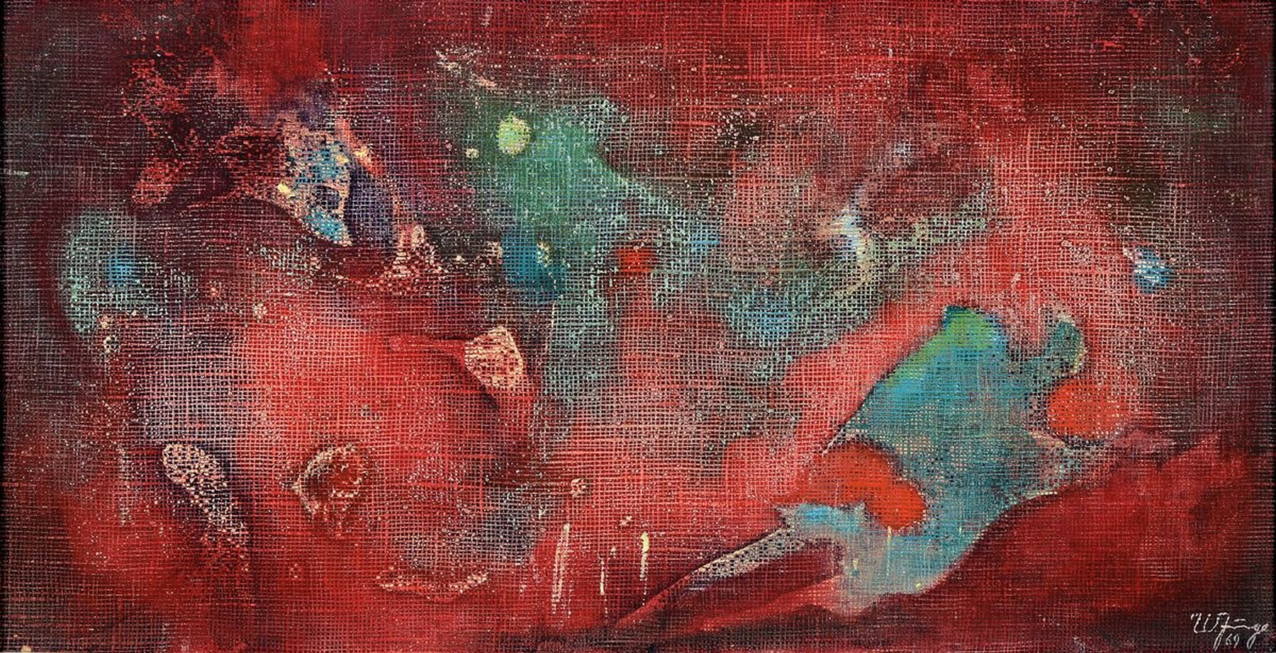 Walter Junge, 1905-1990, Strukturzerfall, Öl/grobe Lwd/Platte, rechts unten signiert unddatiert 69, rückseitig nochmals signiert und betitelt, ca. ...