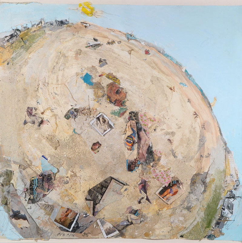 Norbert Nüssle, 1932-2012, "La plage ronde de cette", annee 1995, Mischtechnik und Collage/Karton, ca. 64,5x68 cm, u. Glas gerahmt, li. u. ...