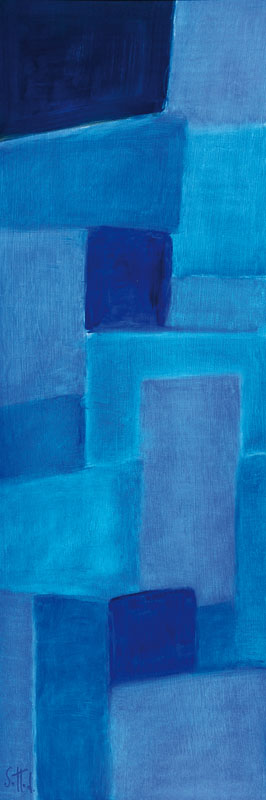 Lucien Sotto, zeitgenössischer Belgischer Künstler, abstrakte Komposition in Blautönen, Öl/Hartfaser, links unten signiert, ca. 100x35 cm, Rahmen