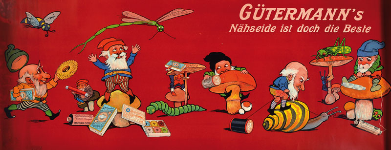 Detail a: 4 antike Werbeplakate, 20er-30er Jahre, Gütermann´s Nähseide mit Zwergendarstellungen und Insekten, ( 2 x), Gütermanns´s Näheseide mit ...