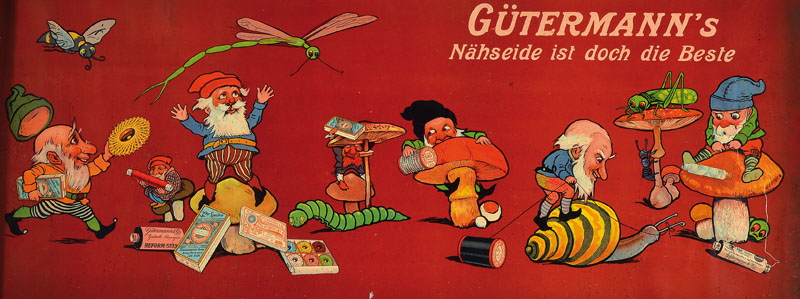 Detail c: 4 antike Werbeplakate, 20er-30er Jahre, Gütermann´s Nähseide mit Zwergendarstellungen und Insekten, ( 2 x), Gütermanns´s Näheseide mit ...