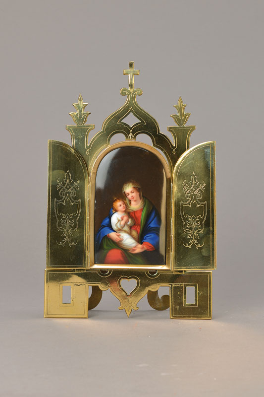 Heiligenbild, Klösterle, Böhmen, um, 1870, Mutter Gottes mit Kind, fein gedruckte Umrisse, Handmalerei, Messingrahmen graviert, ca. 29 x 18 cm, ...