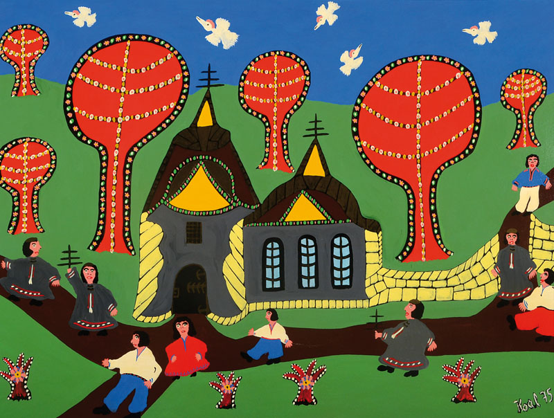 Werner Koal, 1939 Dresden-1990 Mannheim, bekannter deutscher Vertreter der Naiven Kunst, hier: Landschaft mit Personen, Öl/Holz, war 1975 in der ...