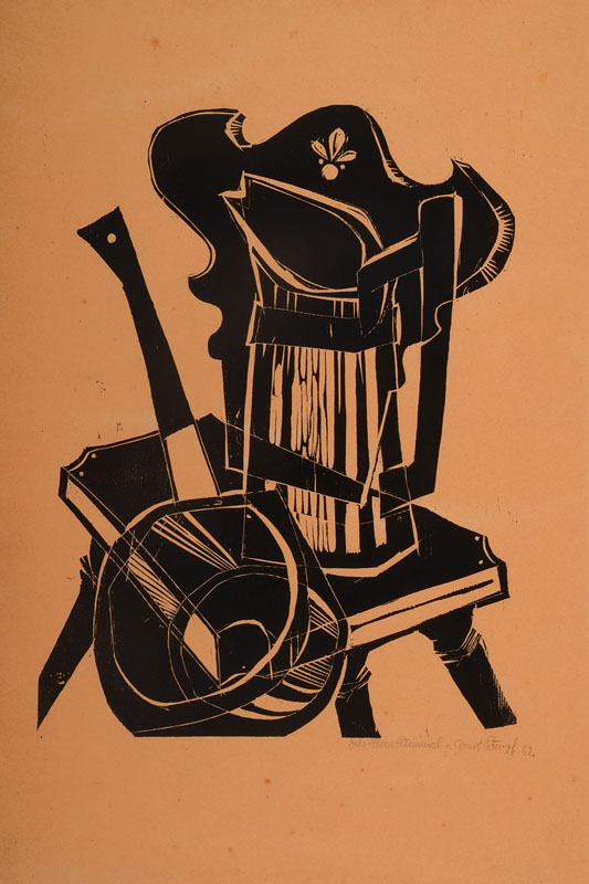 Gernot Rumpf, geb. 1941 Kaiserslautern, Modernes Küchenstillleben, Holzschnitt, rechts unten Widmung und Signatur: für Herrn Himmel v. Gernot Rumpf ...
