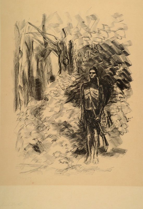 Max Slevogt, 1868 Landshut - 1932 Neukastel,Lithographie aus: Lederstrumpf, links unten signiert, Motiv ca. 35x27 cm, unter Glas gerahmt, leichte ...