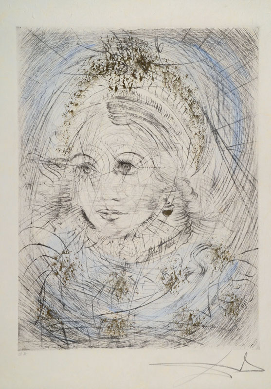 Salvador Dali, 1904-1989, Portrait de Maguerite, Radierung mit Kaltnadel und Roulette, aus: Faust, 1968/69, blau koloriert und gold gehöht, signiert ...