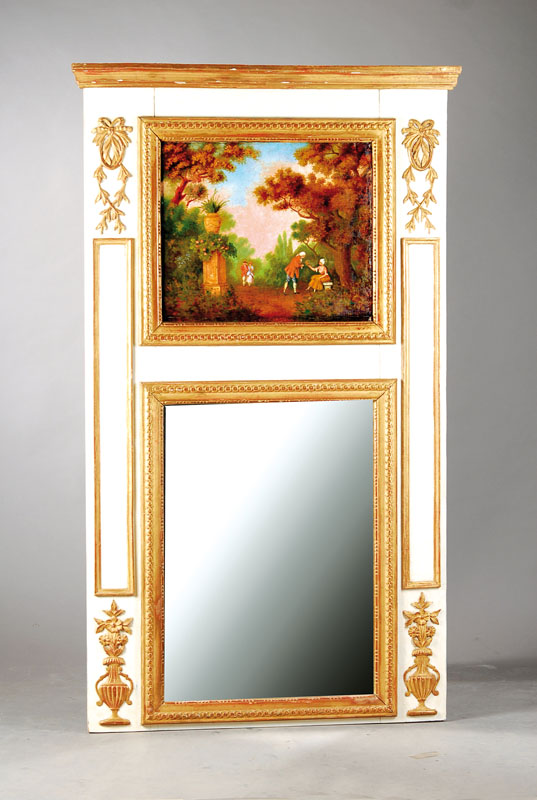 Trumeau, wohl Frankreich, um 1770/80, Eiche gefaßt, klassizistische Ornamente, unterer Spiegel oben mit Ölgemälde des 19.Jh., Darstellung: Galante ...