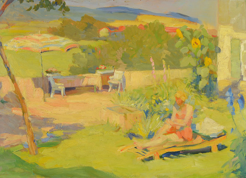 Erich Zwarg, Maler aus den 50er Jahren, Steinau Kreis Schlüchtern, sommerliche Gartenansicht mit junger Frau auf dem Liegestuhl, Öl/Malkarton, ...