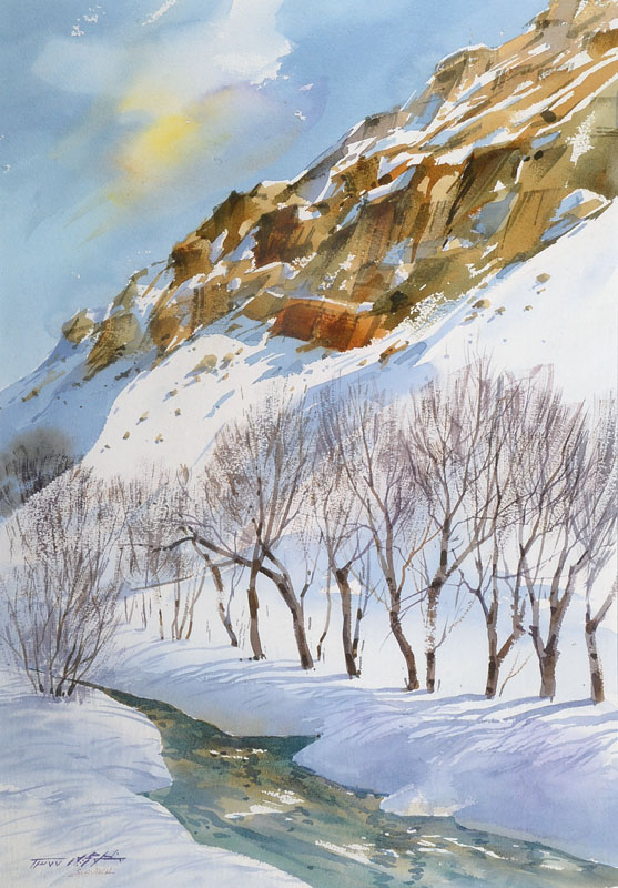 Detail a: Sirvash, zeitgenössischer Künstler aus Teheran, Damovan-Gebirge, zwei Aquarelle, signiert und einmal datiert 98, ca. 35 x 52 cm, unter Glas, Rahmen