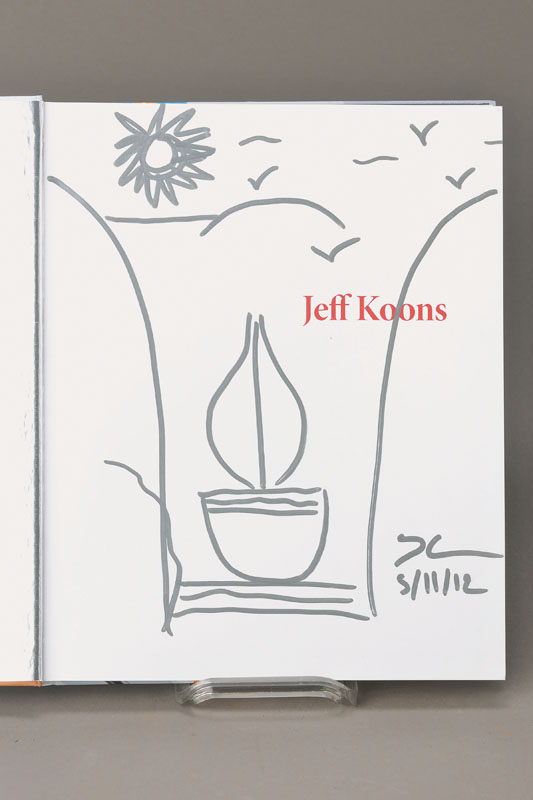 Jeff Koons, geb. 1955, Buch: Jeff Koons, Hatje Cantz Verlag, zur Beyeler Ausstellung, mit Filzstiftzeichnung auf der ersten Seite, signiert und ...