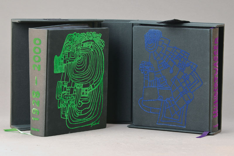 Friedensreich Hundertwasser, 1928-2000, Werkverzeichnis, zwei Bände, Taschen-Verlag, in samtbeflockter Leinenkassette, z.T. mit Gebr.-Sp., ...