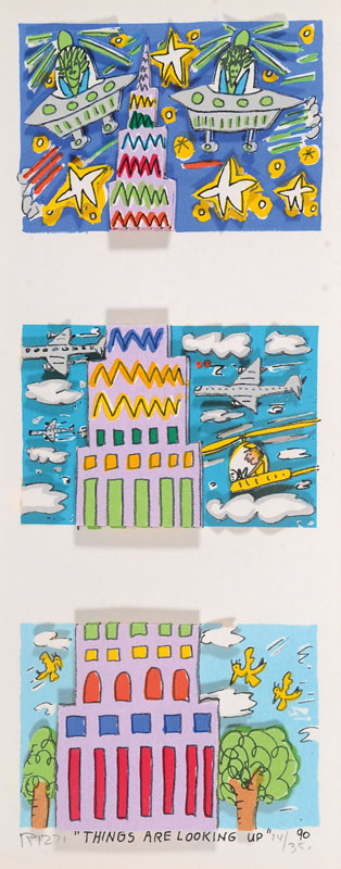 James Rizzi, 1950-2011, 3D-Lithographie, Things are looking up, signiert und nummeriert 14/350, je ca. 5,5x8 cm, unter Glas gerahmt, mit Zertifikat ...