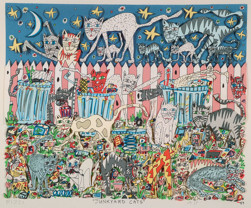 James Rizzi, 1950-2011, 3D-Lithographie, Junkyard Cats, signiert und nummeriert A/P, Motiv ca. 29x35 cm, PP, unter Glas gerahmt, mit Zertifikat ...