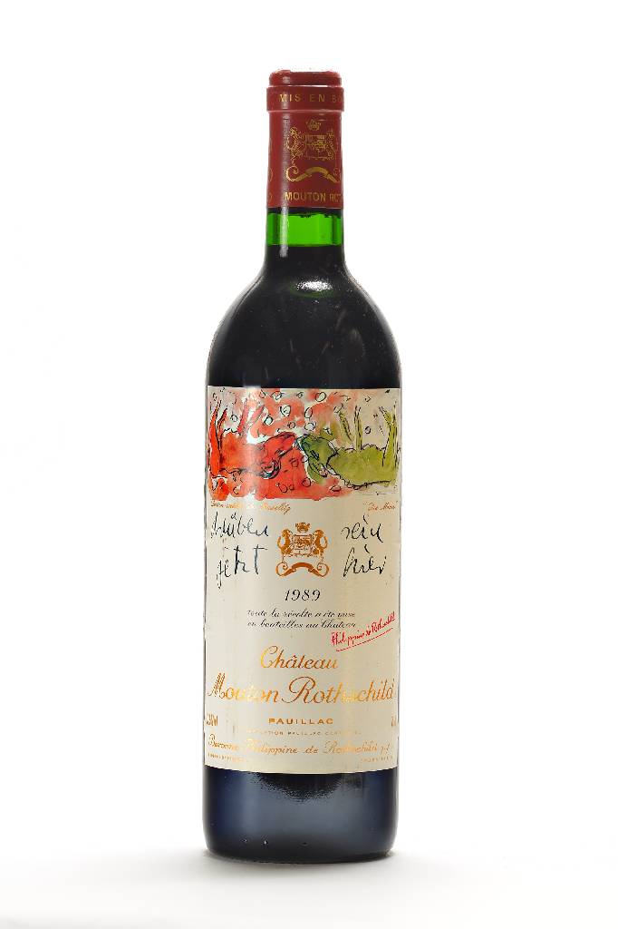 1 Flasche 1989 Chateau Mouton Rothschild, Pauillac, Künstleretikett: "Die Mauer" von Georg Baselitz, ca. 75 cl, ca. into neck, Premier Cru ...
