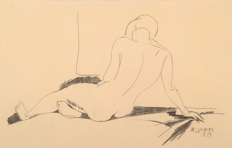 Michel Wagner, 1893-1965, Rückenakt mit aufgestütztem Arm, Bleistift auf Papier, rechts unten signiert und datiert 28, ca. 24x38cm, u.Gl., R., ...