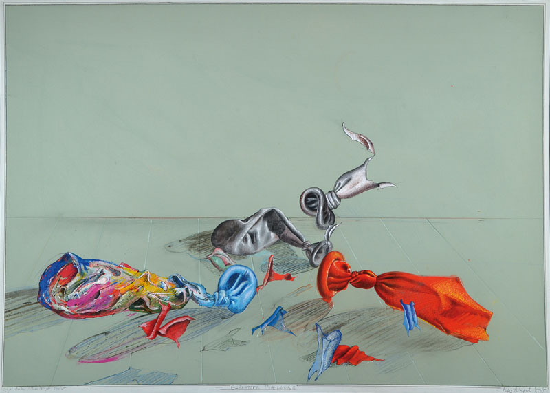 Peter Nagel, geb. 1941, Geplatzte Ballons, Mischtechnik auf Papier, Kugelschreiber/Buntstift/Feder, rechts unten signiert, datiert 80/II, betitelt, ...