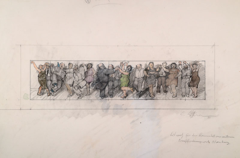 Erhard Göttlicher, geb. 1946, Das Berufsleben, Konvolut aus drei Mischtechniken: Betriebsfahrt, Beruflicher Höllensturz, Himmelfahrt, einmal ...