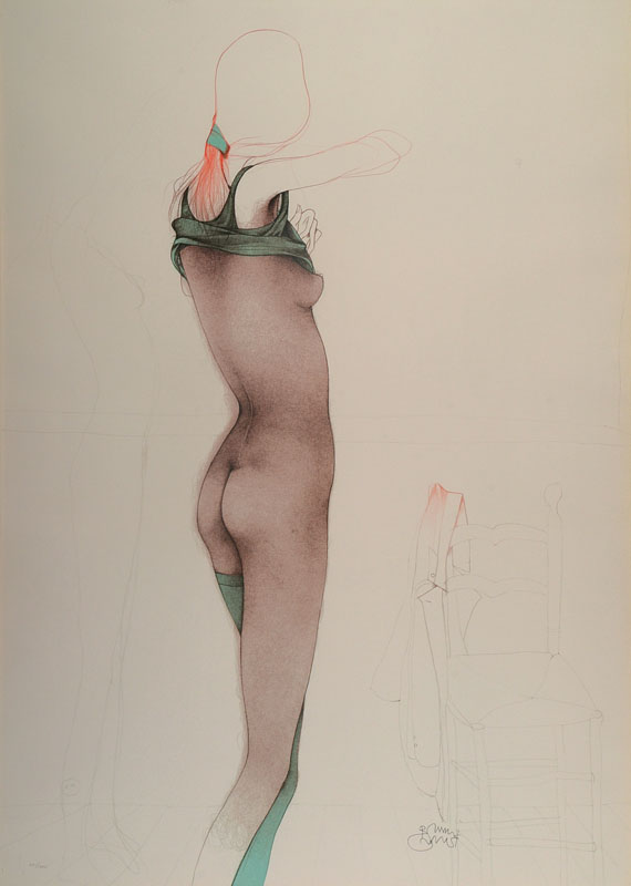 Bruno Bruni, geb. 1935 Gradara, international bekannter Surrealist, hier: Silk Stockings - Seidenstrumpf, Farblithographie, von 1984, signiert und ...
