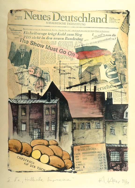 Unbekannter zeitgenössischer Künstler, Hallesche Impressionen, Lithographie, unleserlich signiert und datiert 90/91, betitelt und bez. e.d´a., ...