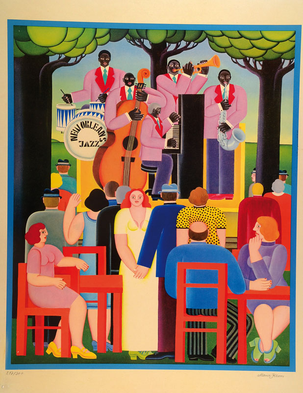 Maria Kloss, geb. 1940 Ronsperg/Böhmen, wichtigste Vertreterin der Naiven Malerei in Deutschland, hier: New Orleans Jazz im Park, von 1974, ...
