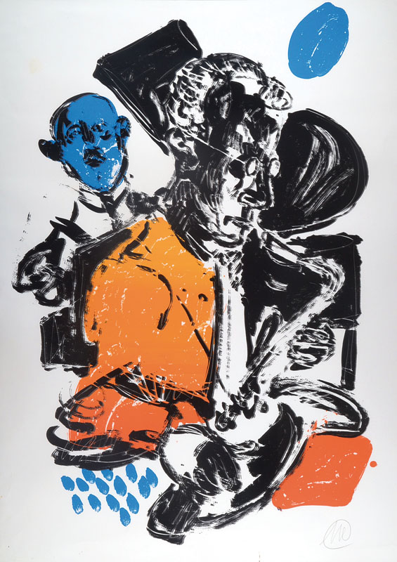 Markus Lüpertz, geb. 1941, international bekannter Künstler der Moderne, hier: Jazz Rally, Farbserigraphie, handsigniert, Blatt mit Knicken, ca. ...