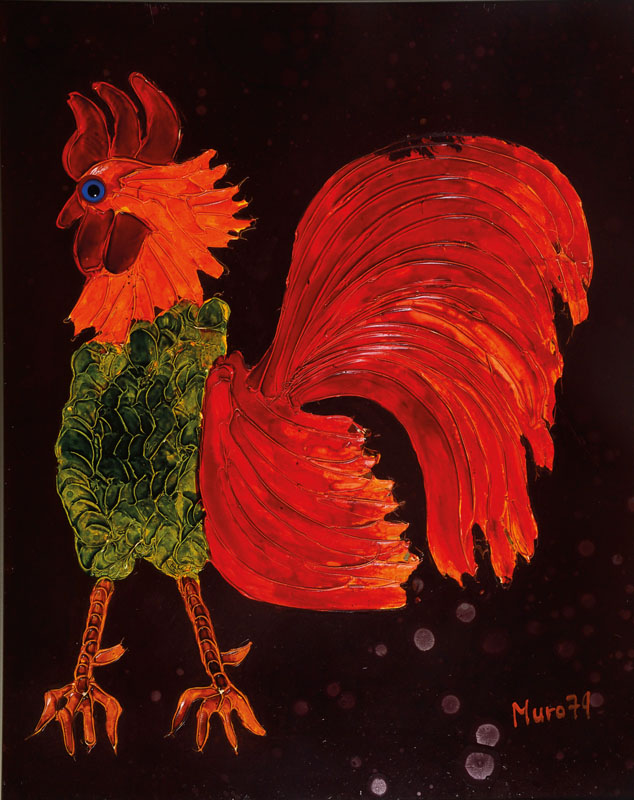 Paz Muro, Spanische Künstlerin und Performancekünstlerin, 2. Hälfte 20. Jhd., hier: Hahn, Mischtechnik, Öl/Masse auf Metall/Blech, ...