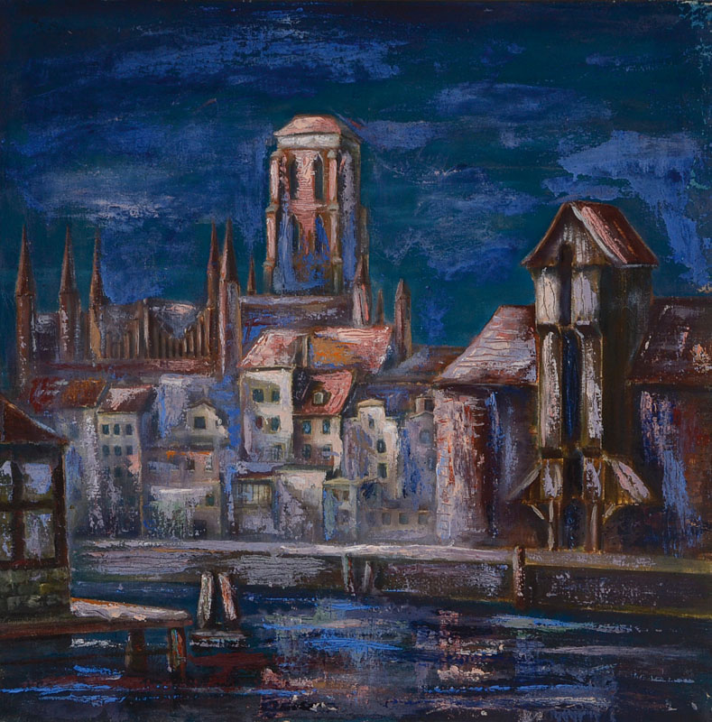 Kurt Art, 1908 bis ca. 1970, Darstellung von Danzig als Vision nach dem Krieg, Öl/Lwd, unsigniert, ca. 74.5x74.5 cm, Rahmen