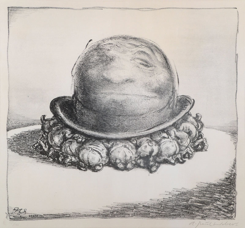 A. Paul Weber, 1883-1980, Lithographie, "Alles unter einem Hut", handsigniert, num. 131/185, ca. 34.5 x 37.5cm, unter Glas, Rahmen