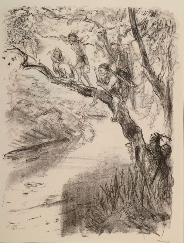 Max Slevogt, 1868-1932, Lithographie, aus dem Lederstrumpf Zyklus, signiert, Motiv ca. 35x26,5 cm, PP, unter Glas gerahmt, Knicke