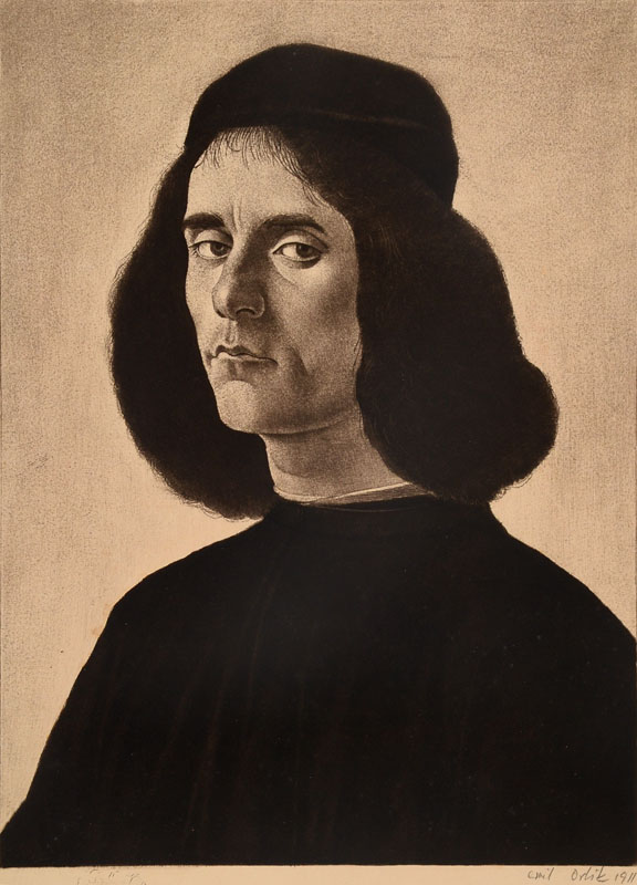 Emil Orlik, 1870-1932, Portrait nach Botticelli, Radierung, signiert und datiert 1911, Platte ca. 35x25 cm, Blattgr. ca. 44,5x32 cm