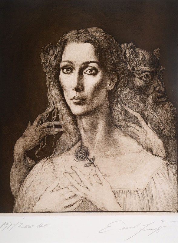 Ernst Fuchs, 1930-2015, Porträt einer jungen Frau mit Rose, Radierung, signiert und nummeriert 197/200 HC, Platte ca. 37,5x32 cm, PP, Gesamt ca. ...