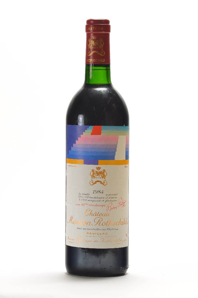 1 Flasche 1984 Mouton Rothschild, Pauillac,Premier Cru Classe, Künstleretikett: Agam, ca.75 cl, ca. top shoulder, CellarTracker 89/100 Punkte, ...