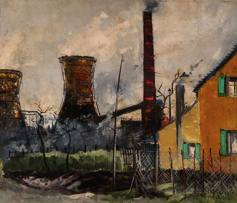 Stéphane H.C. Gourjon, 1912-?, französischer Maler, hier: Landschaft mit Industrieanlage, Öl/Lwd, rechts unten signiert und datiert 15/1/54, ...