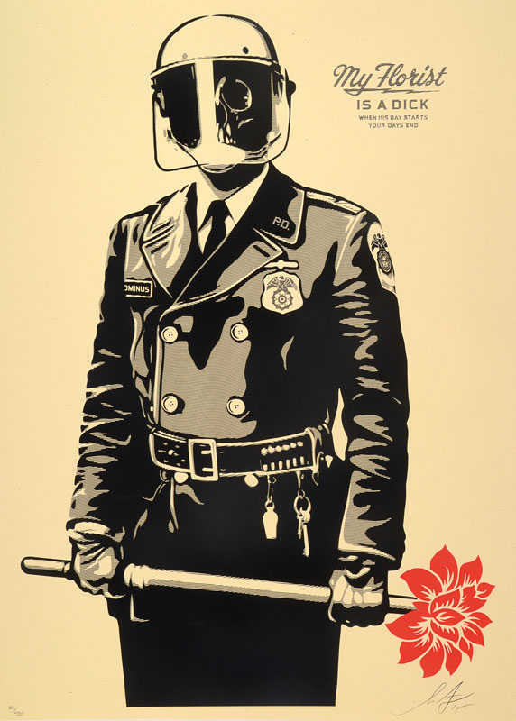 Shepard Fairey, geb. 1970, bedeutender Amerikanischer Street-Art-Künstler, hier: My florist is a dick, Siebdruck, signiert und nummeriert 161/450, ...